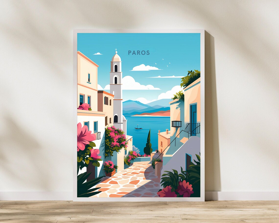 Paros Greece White Alley Church Bell Tower Aegean Travel Poster