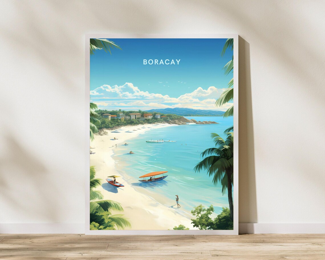 Boracay Philippines White Sand Beach Boats Tropical Travel Poster