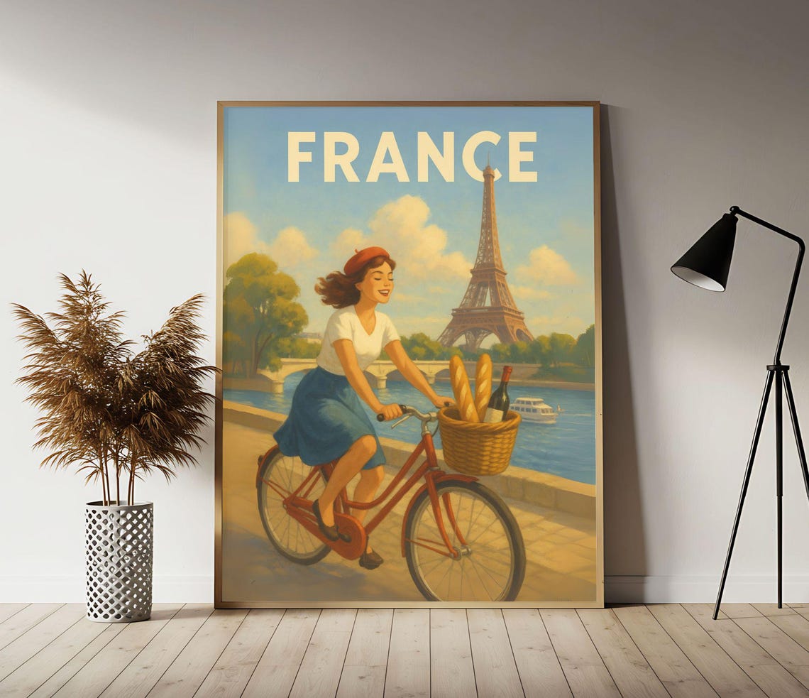 France Paris Bicycle Ride Baguettes Eiffel Tower Vintage Poster