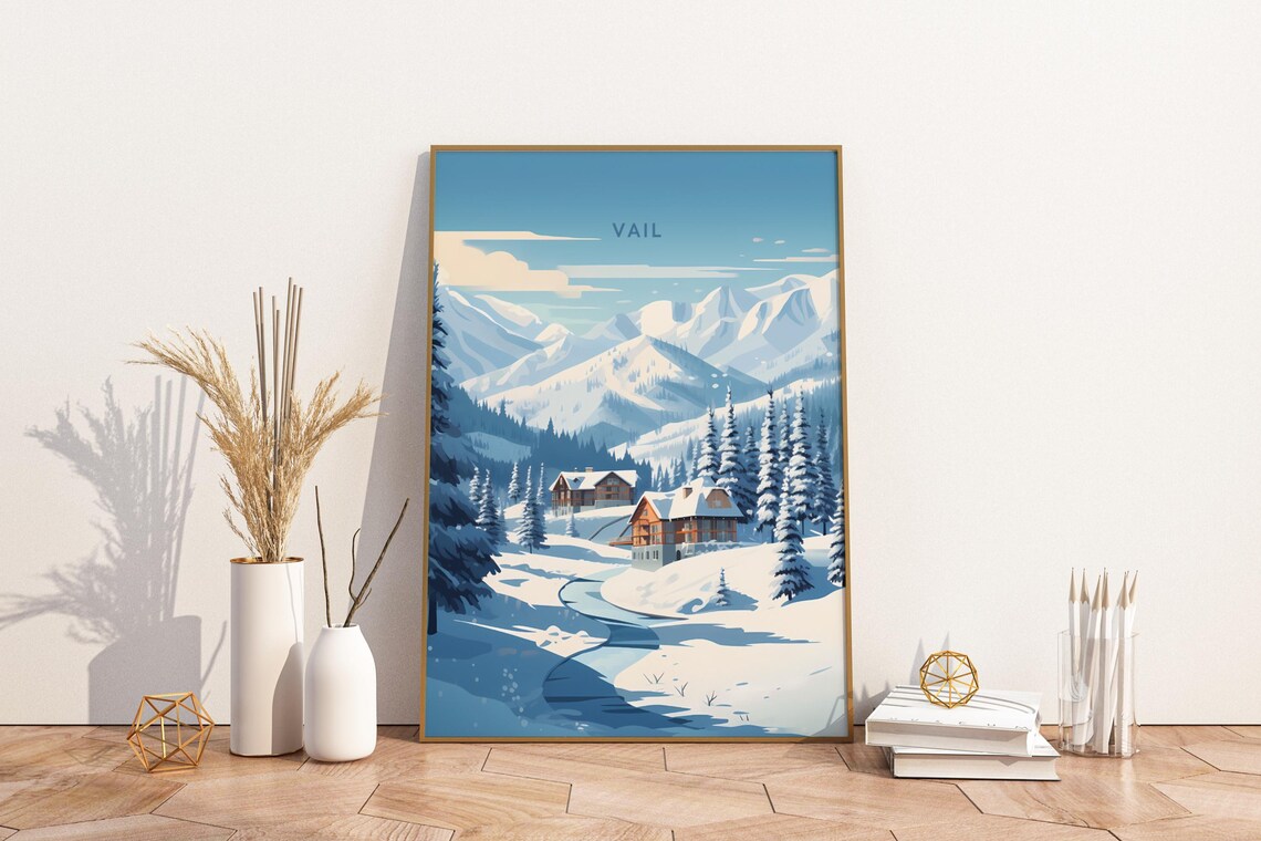Vail Colorado Snowy Mountain Village Winter Cabin Travel Poster