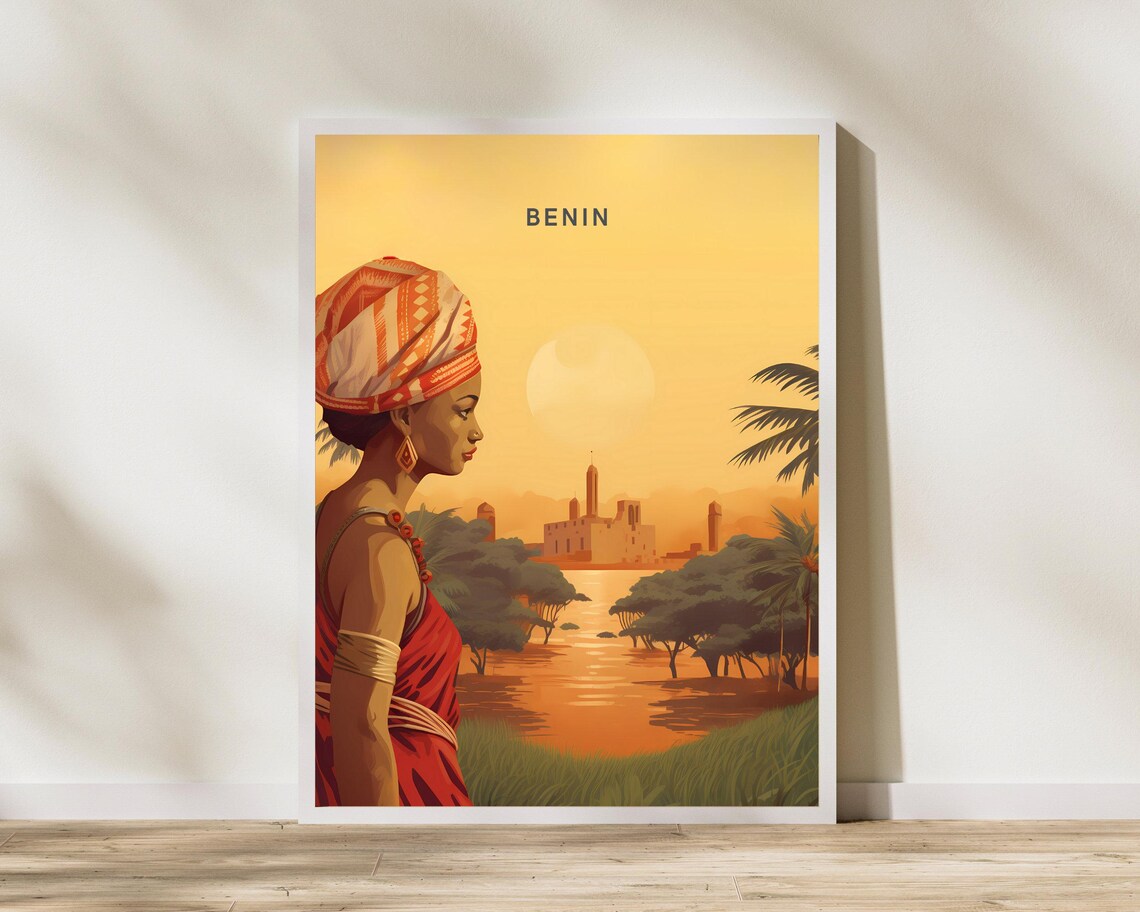 Benin West Africa Golden Sunset River Scene Vintage Travel Poster