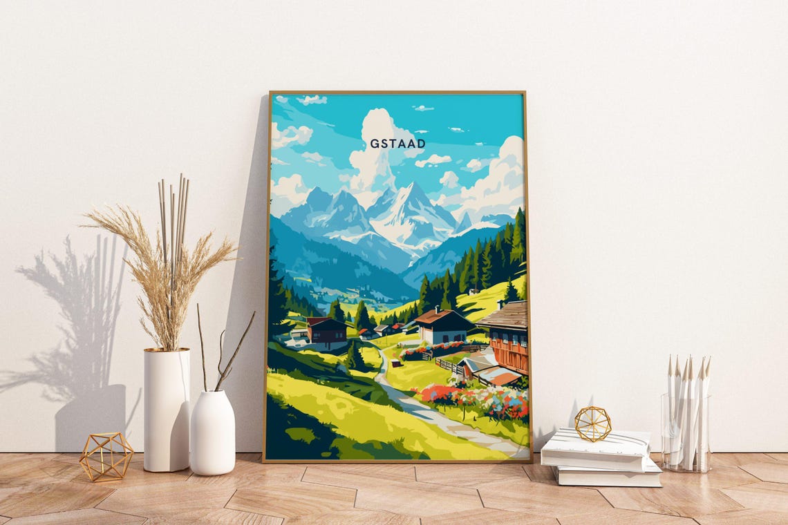 Gstaad Swiss Alps Spring Village Mountain Meadow View Poster