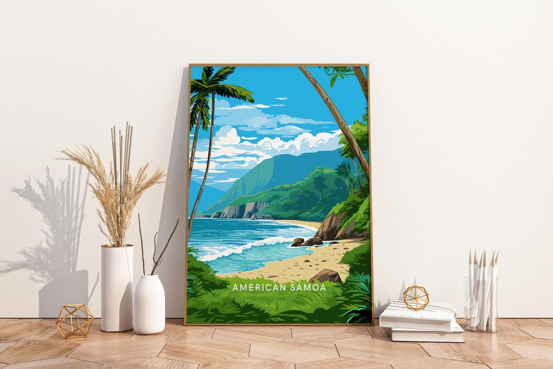 American Samoa Tropical Beach Palm Trees Vintage Travel Poster