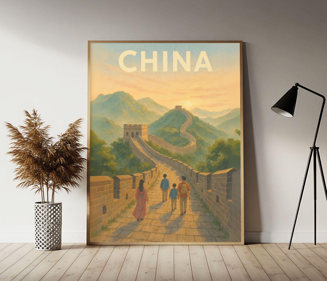 China Great Wall Winding Over Mountains at Dawn Vintage Travel Poster
