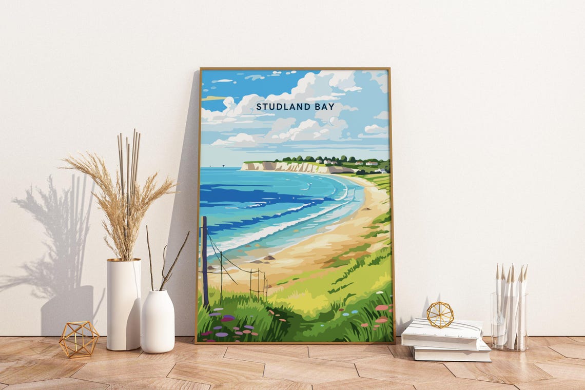 Studland Bay Dorset Beach And White Cliffs In Vintage Travel Poster