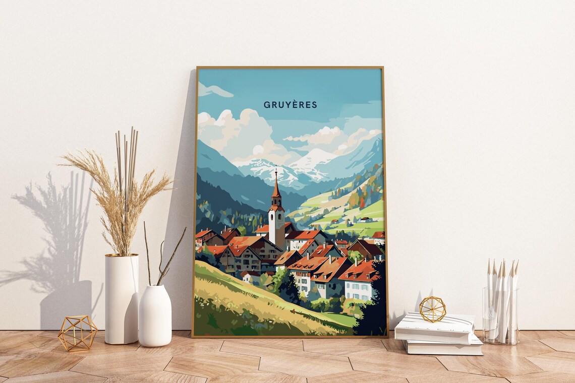 Gruyeres Switzerland Alpine Village Church Vintage Travel Poster
