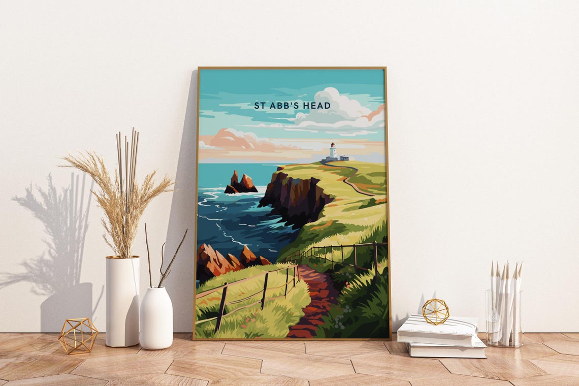 St Abbs Head Scotland Lighthouse Cliffs Vintage Travel Poster