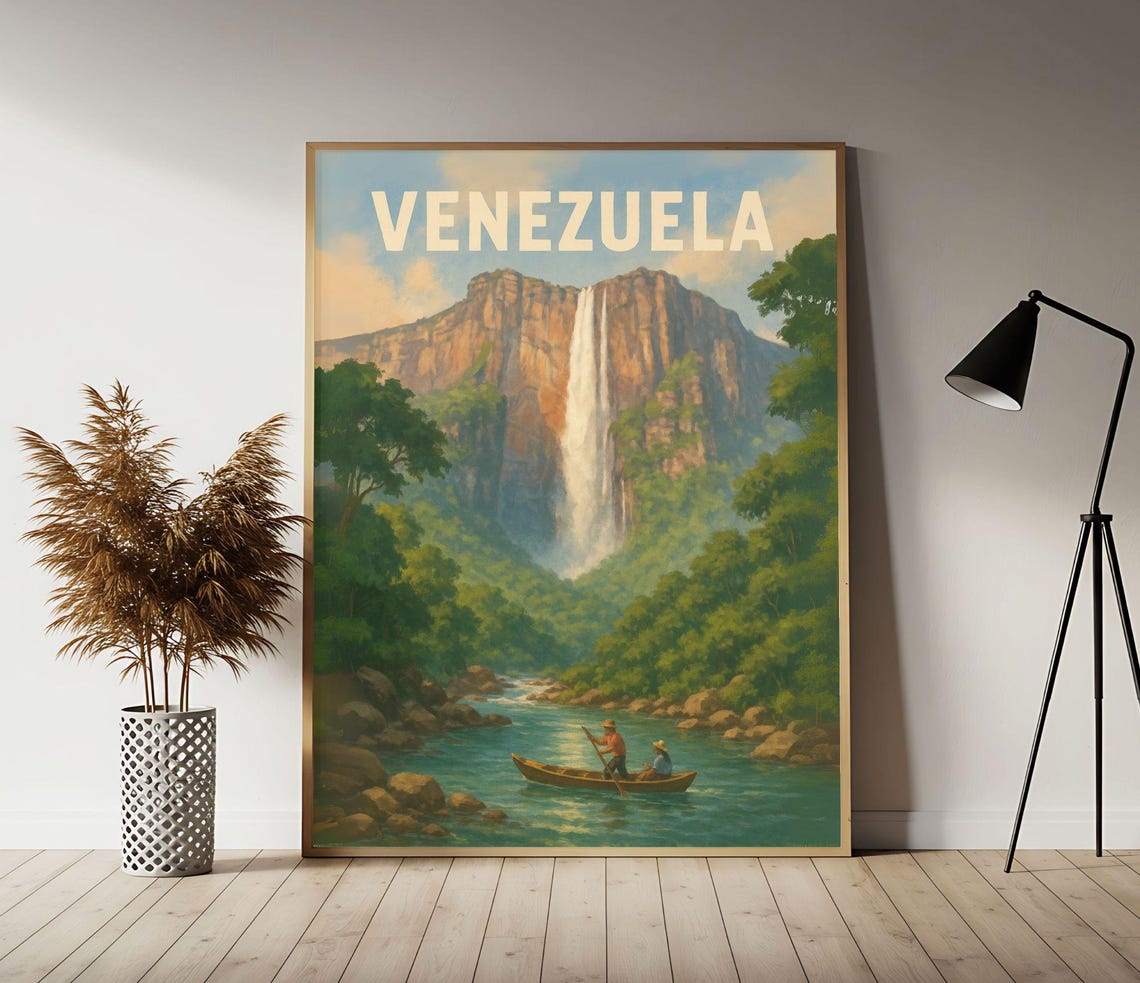 Venezuela Angel Falls Jungle Waterfall Vintage Travel Poster