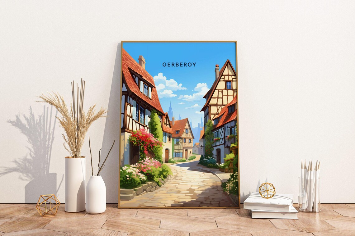 Gerberoy France Half-Timbered Village Street Blooming Travel Poster
