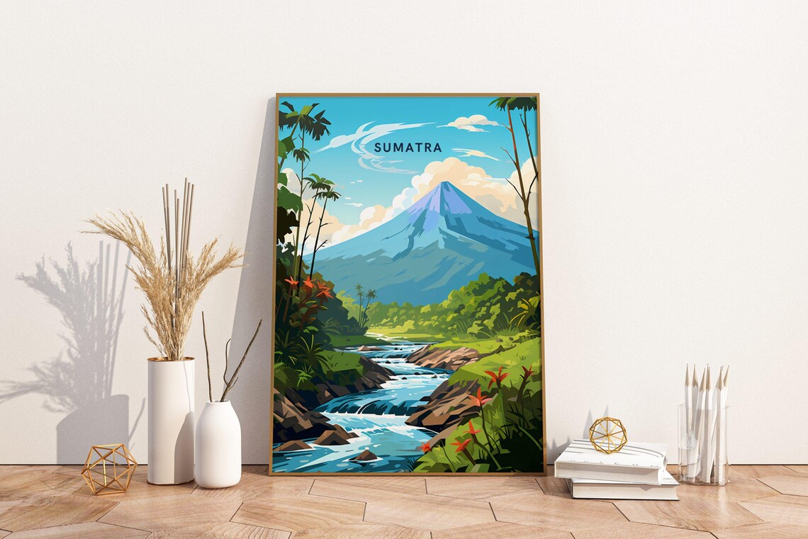 Sumatra Indonesia Volcano River Jungle Vintage Travel Poster