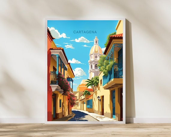 Cartagena Colombia Colonial Street Bell Tower Vintage Travel Poster