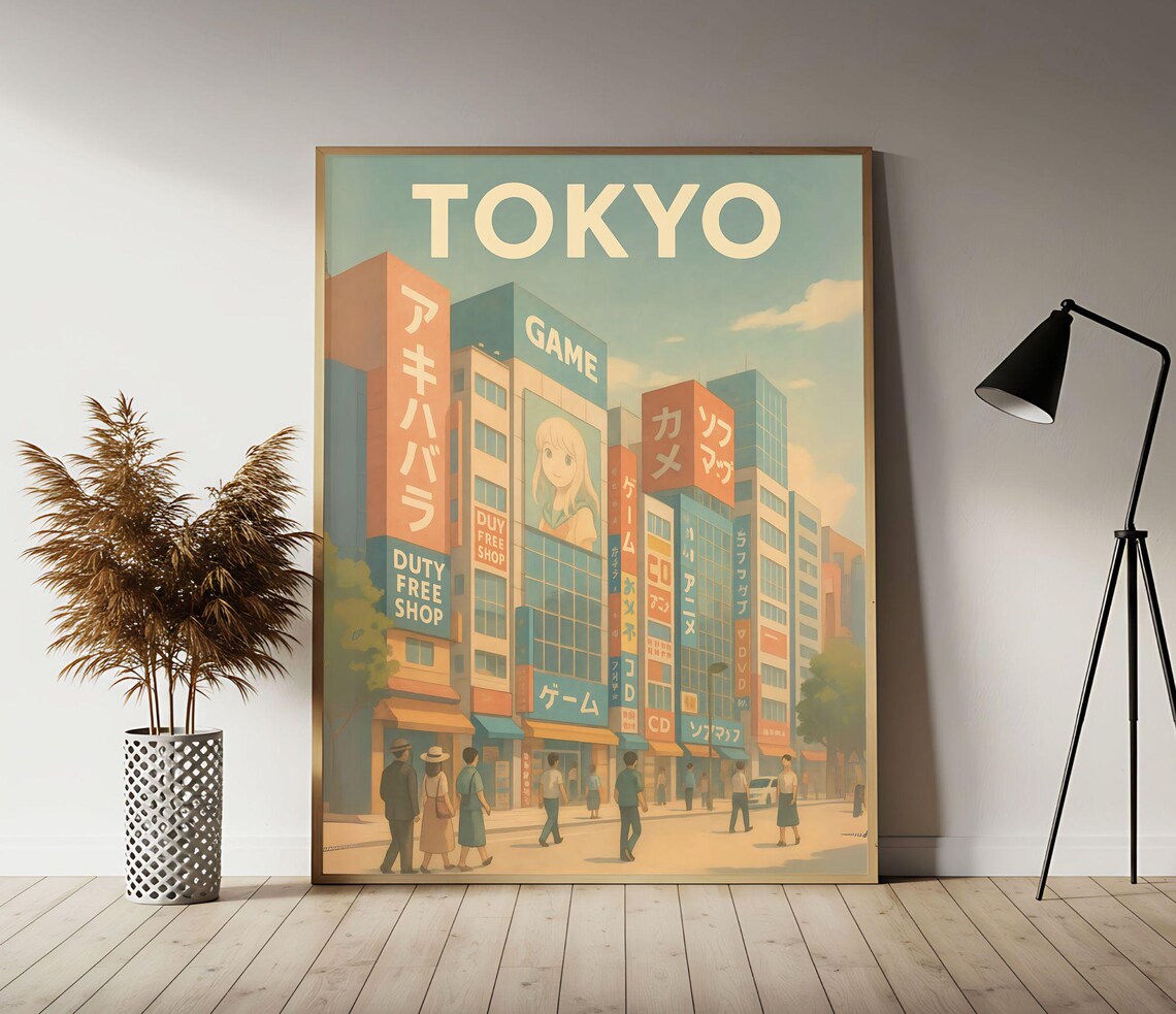 Tokyo Akihabara Japan Retro Travel Poster with Neon Street Signs