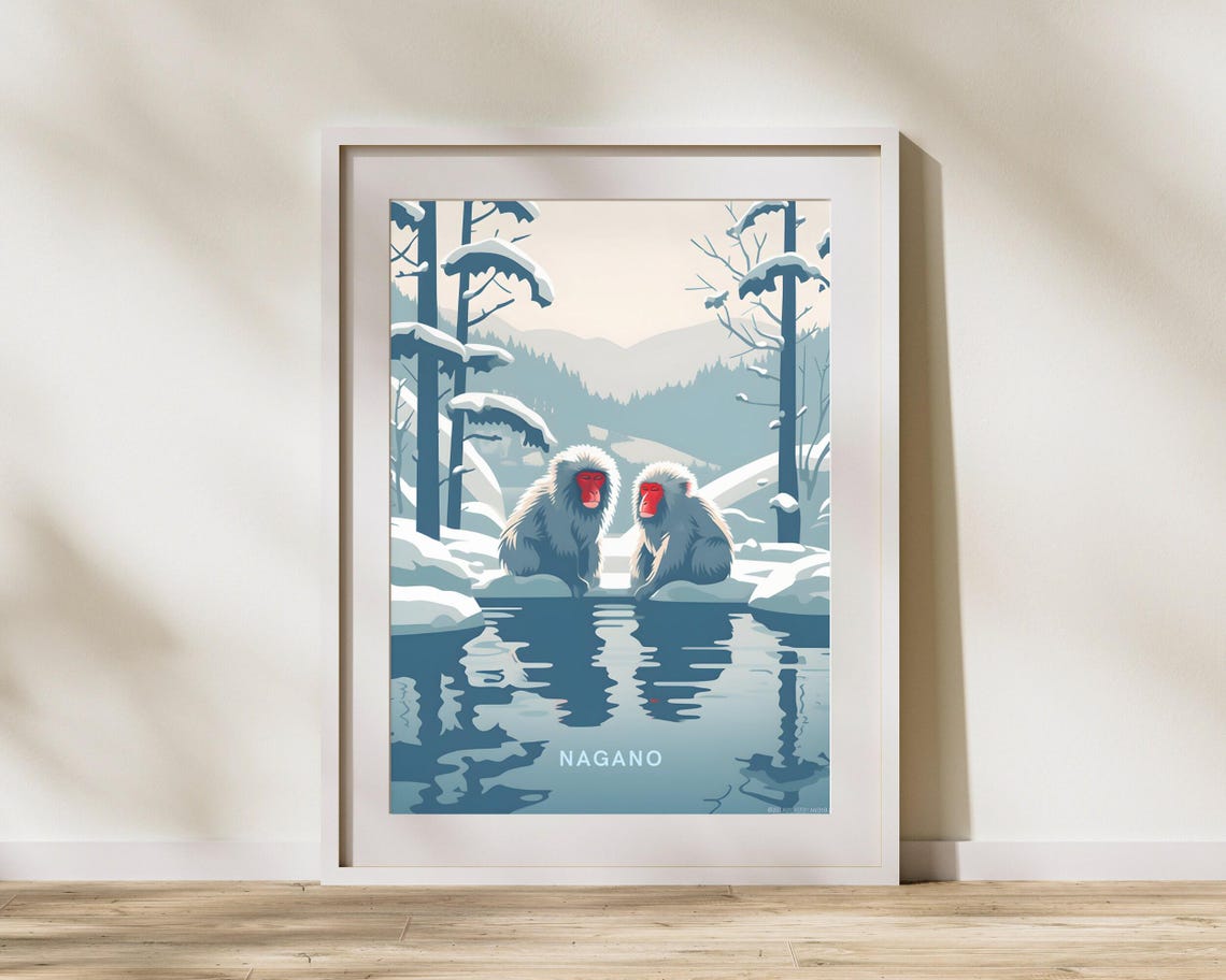 Nagano Japan Snow Monkeys Onsen Hot Spring Winter Travel Poster