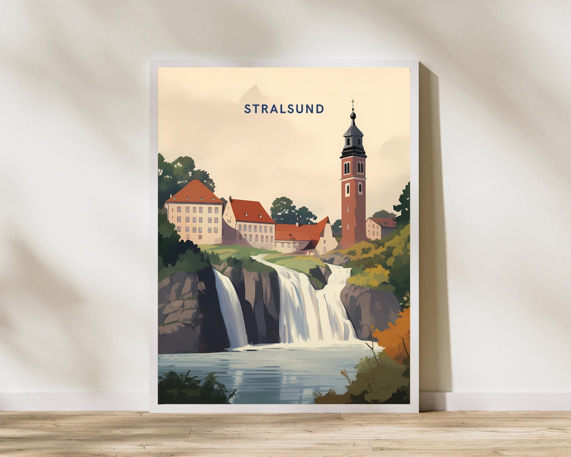 Stralsund Germany Waterfall Riverside Old Town Travel Art Poster