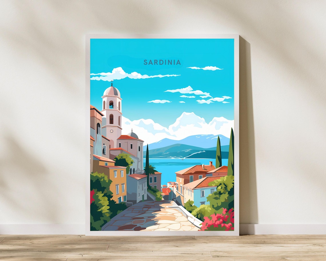 Sardinia Italy Coastal Town Bell Tower Blue Sea Travel Poster