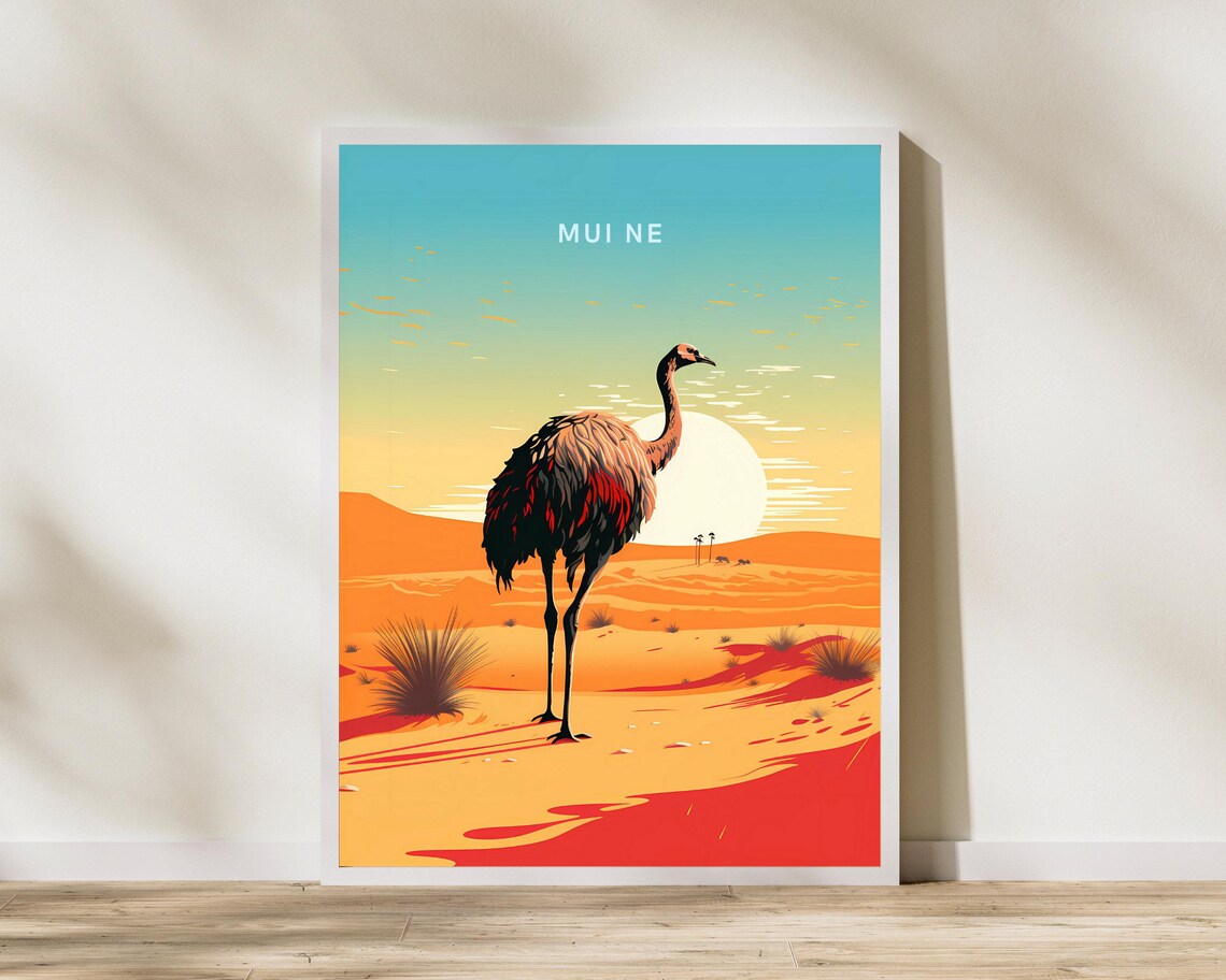 Mui Ne Vietnam Red Sand Dunes Sunset Ostrich Vintage Travel Poster