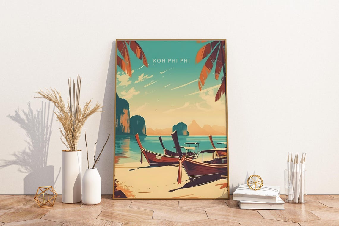 Koh Phi Phi Thailand Longtail Boats Beach Golden Sunset Poster
