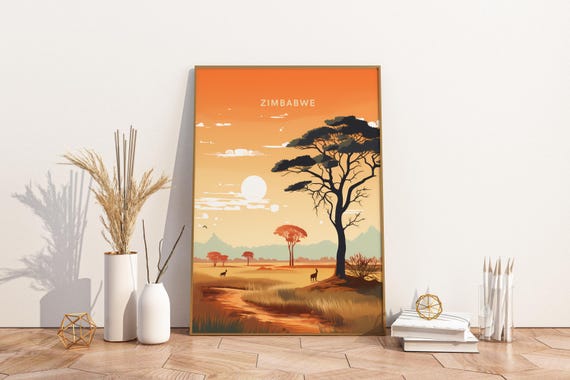 Zimbabwe Africa Travel Print Poster Wall Art Vintage Decor