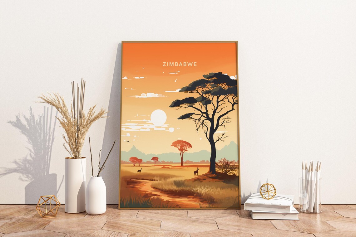 Zimbabwe Africa Sunset Savanna Acacia Tree Safari Travel Poster