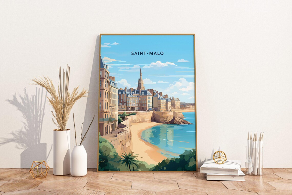 Saint Malo France Coastal Travel Poster with Walled Old Town Art