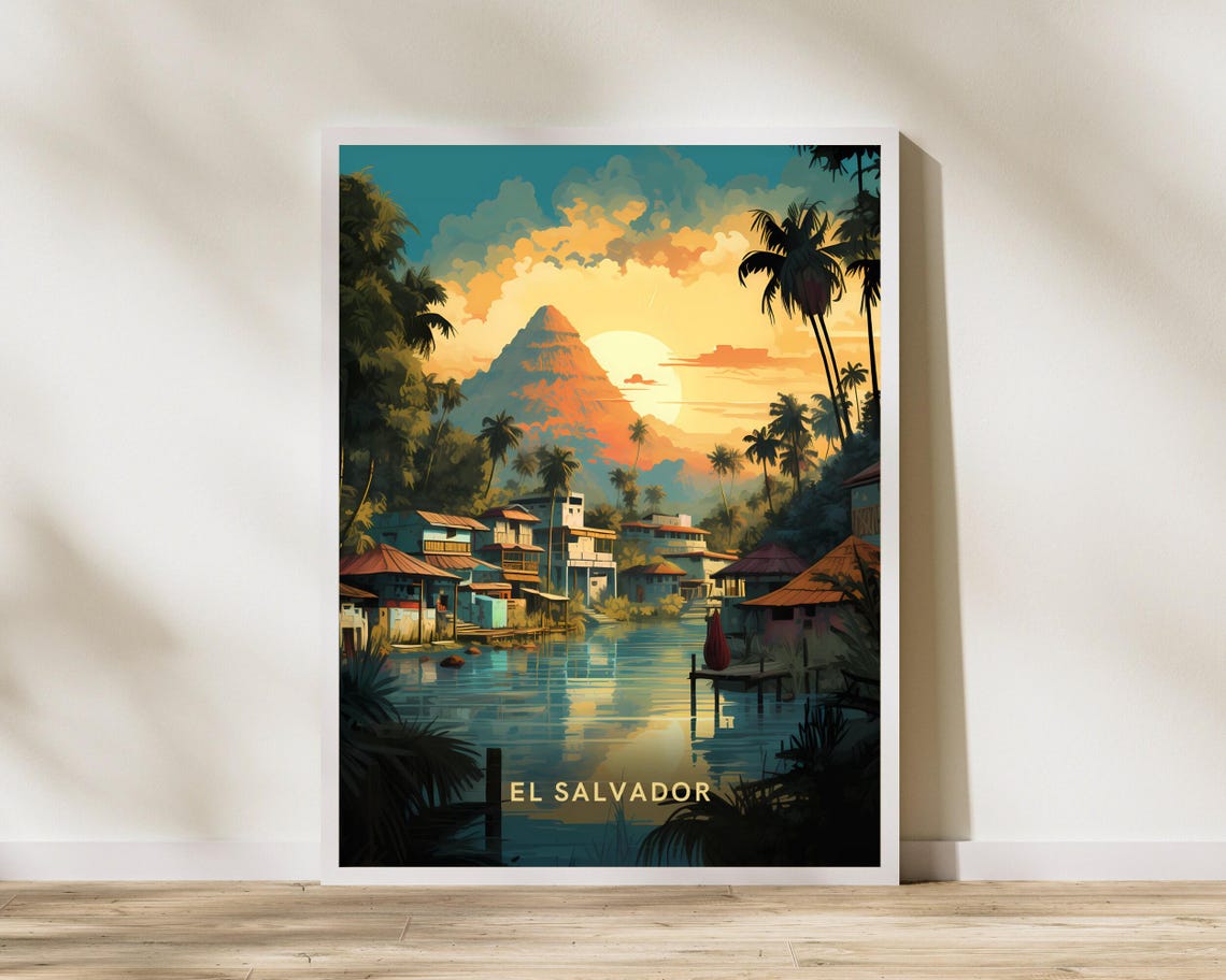 El Salvador Sunset Volcano Coastal Town Vintage Travel Poster