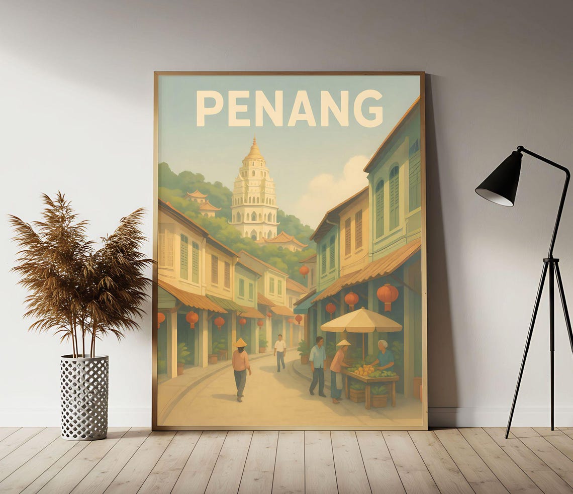 Penang Malaysia Vintage Travel Poster with Heritage Shophouses