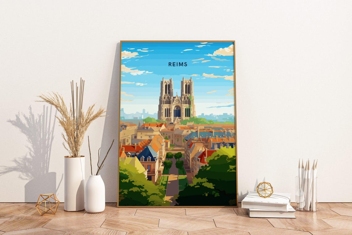 Reims France Cathedral City View Gothic Church Illustration Poster