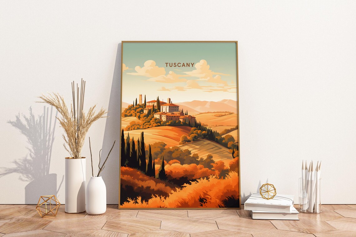 Tuscany Italy Golden Rolling Hills Village Illustrated Travel Poster