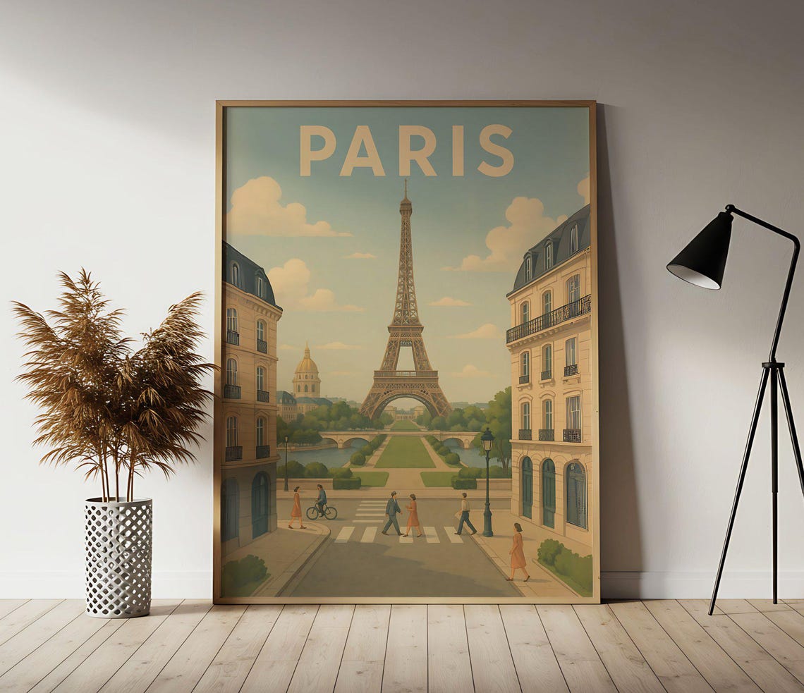 Paris Eiffel Tower Street Scene Golden Light Vintage Travel Poster