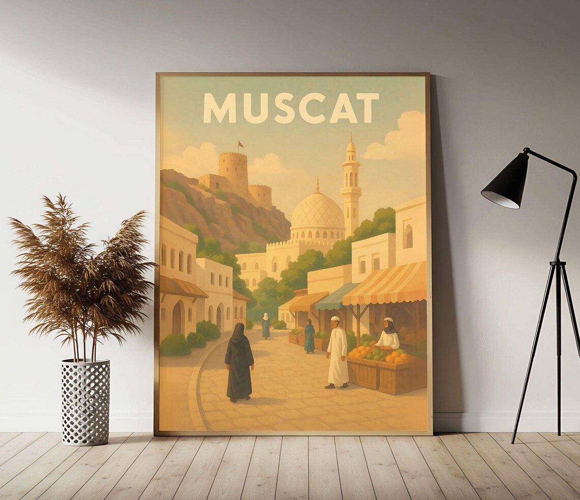 Vintage Muscat Oman Old Town Souk Market Retro Travel Style Poster