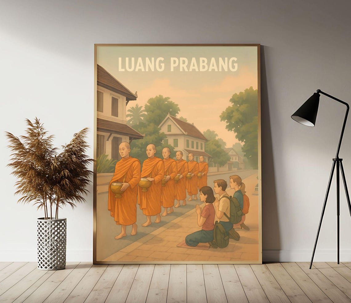 Luang Prabang Morning Alms Monks Classic Vintage Laos Travel Poster