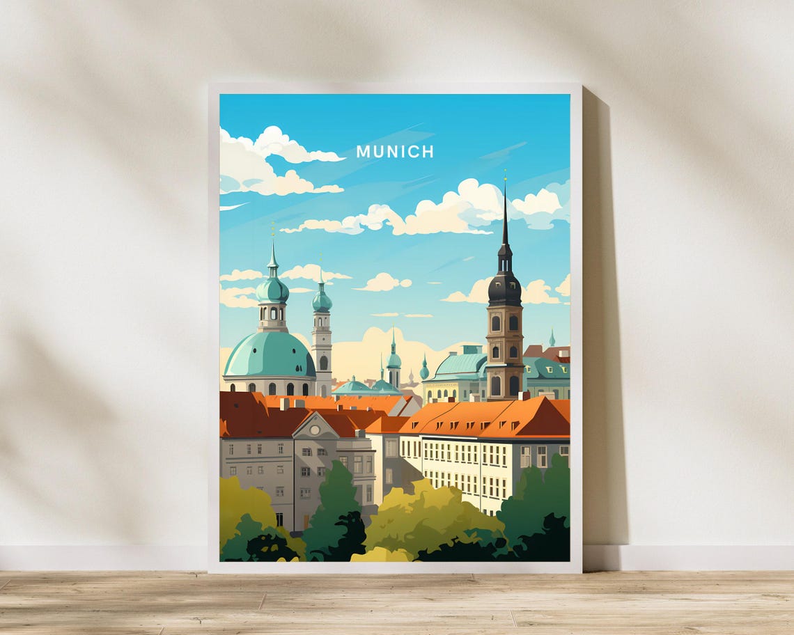 Munich Germany Blue Sky Old Town Church Rooftops Travel Poster