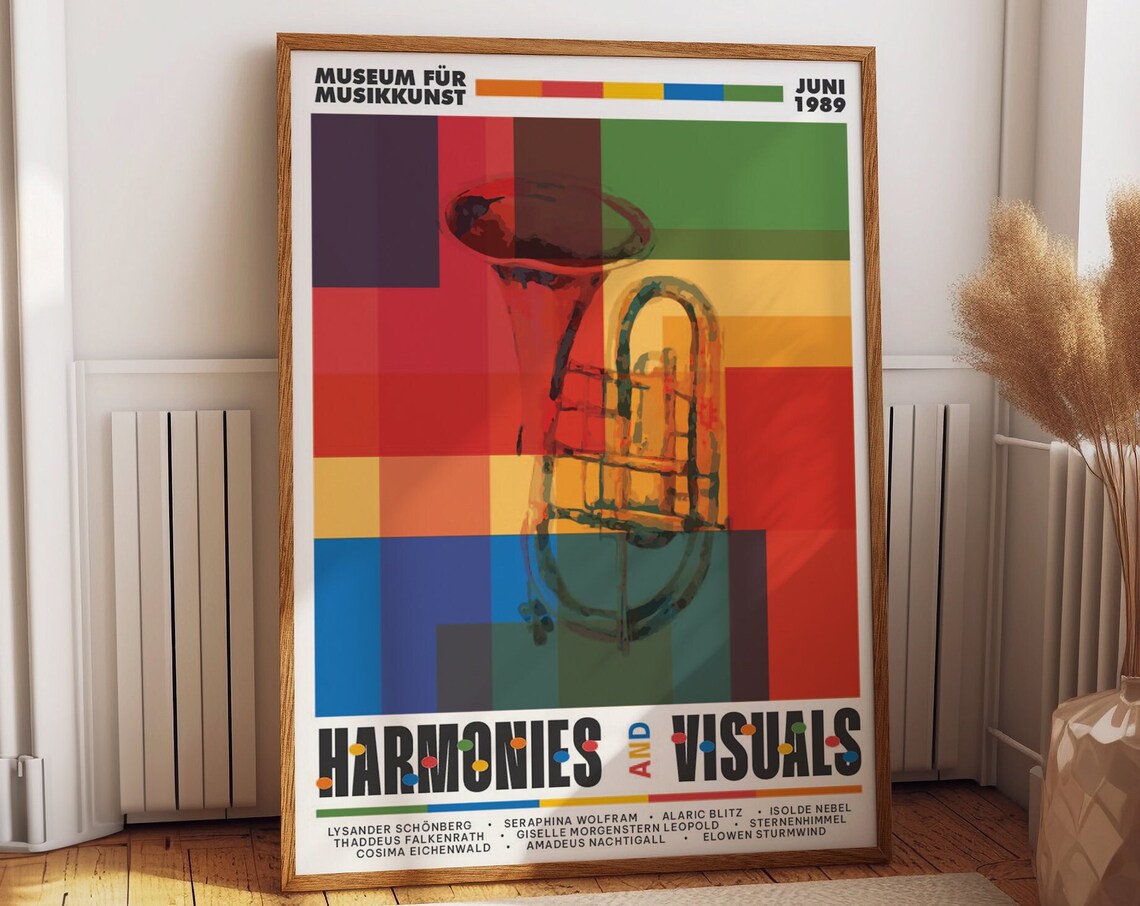 Harmonies and Visuals 1989 Music Exhibition Tuba Color Block Art Poster
