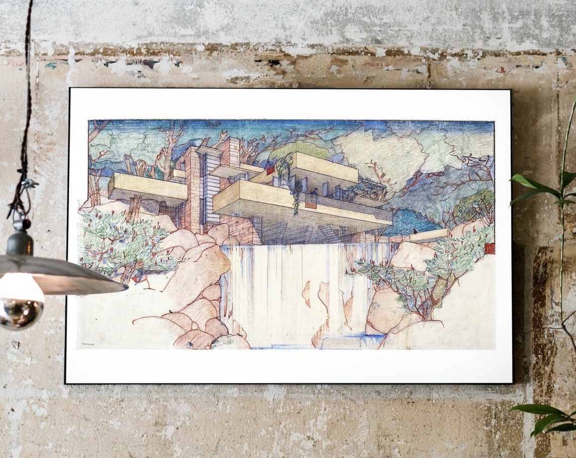 Frank Lloyd Wright Fallingwater House Architectural Sketch Poster