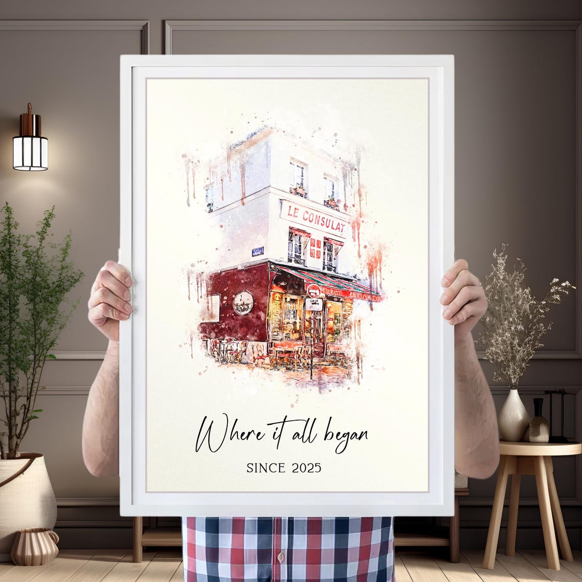 Custom Watercolor Le Consulat Paris Bistro Anniversary Gift Poster