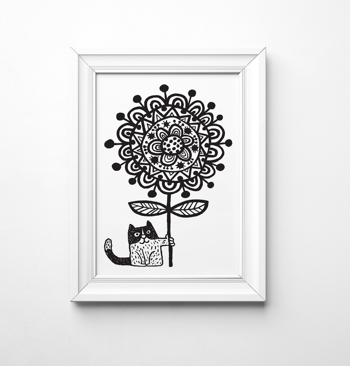 Cute Cat Hugging Flower Black and White Doodle Nursery Art Poster - Image 2