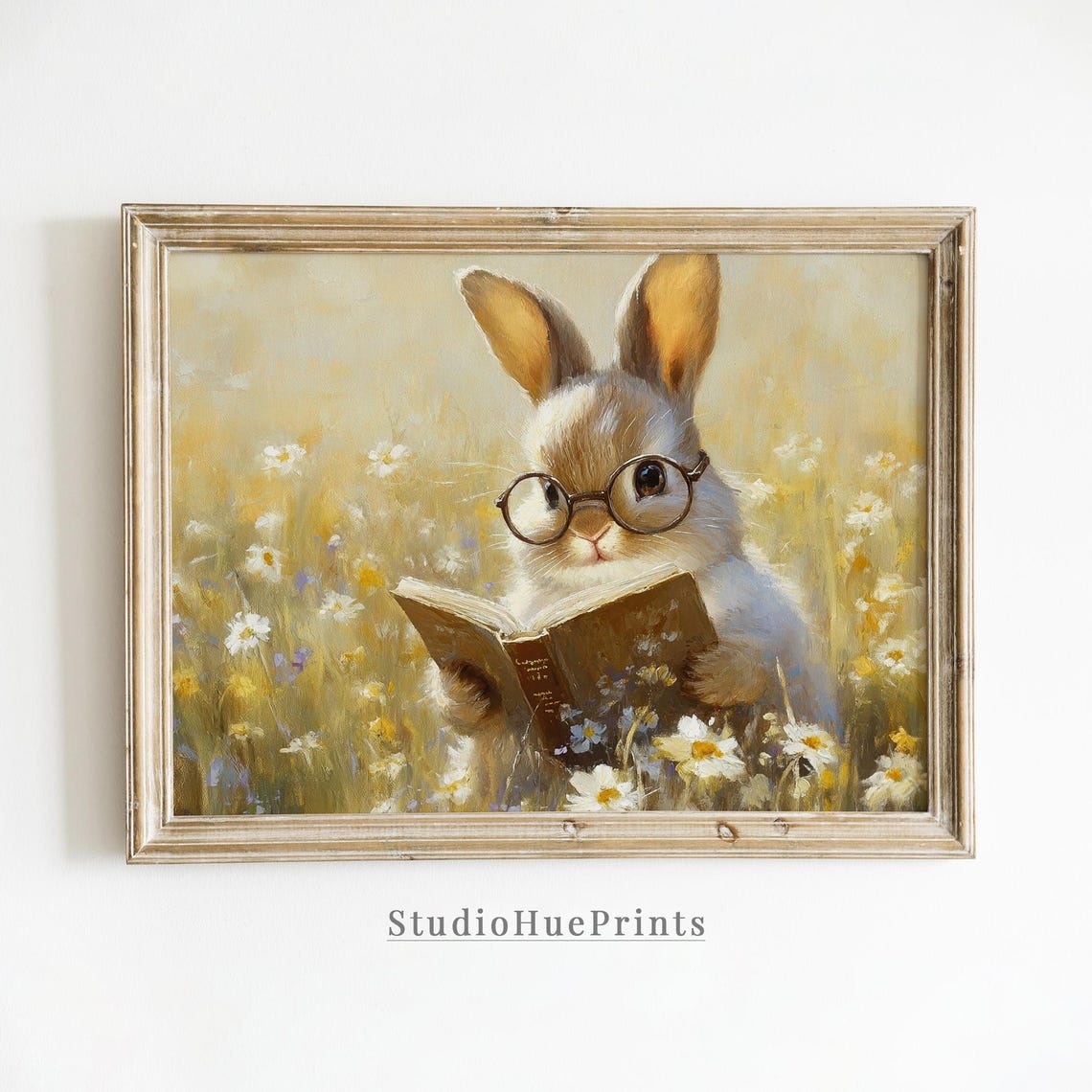 Bunny With Glasses Reading Book In Wildflower Meadow Spring Poster