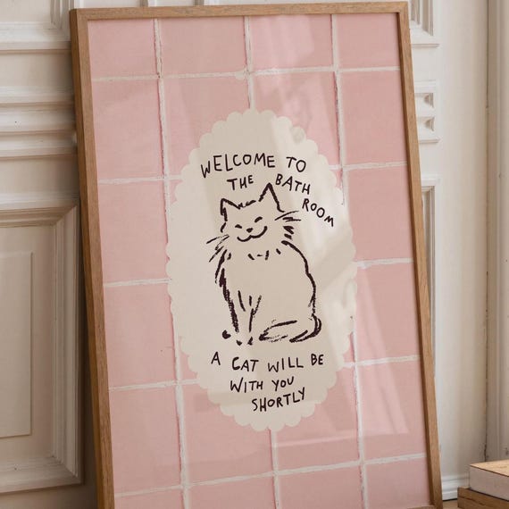 Funny Cat Bathroom Art Print, Pink Decor Quirky