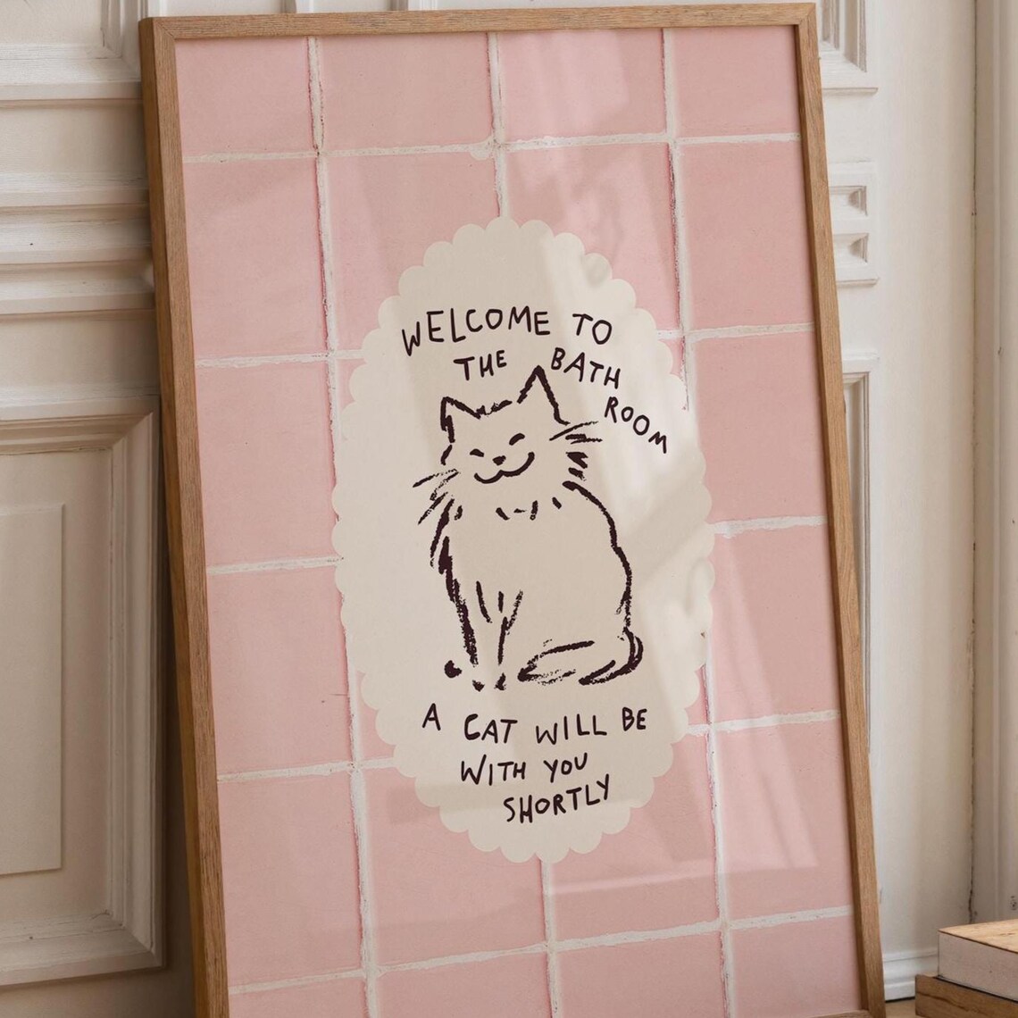 Funny Cat Bathroom Art Print, Pink Decor Quirky