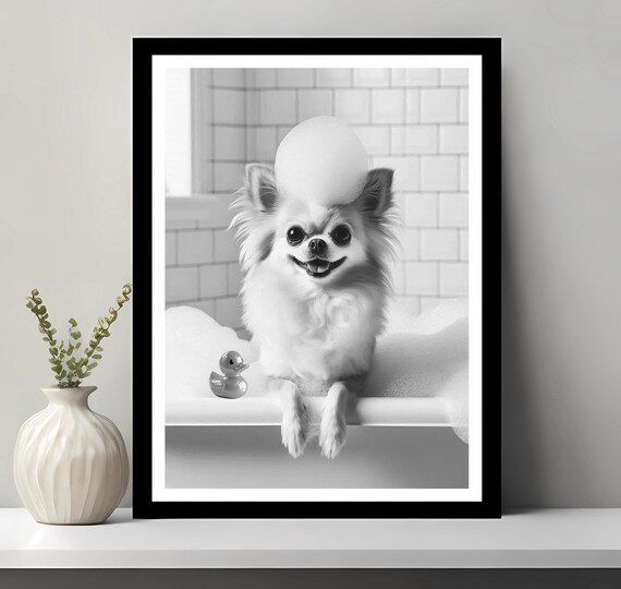 Chihuahua Wall Art Funny Bathroom Decor Pet Portrait Petshop Dog Gift In Bubble Bath