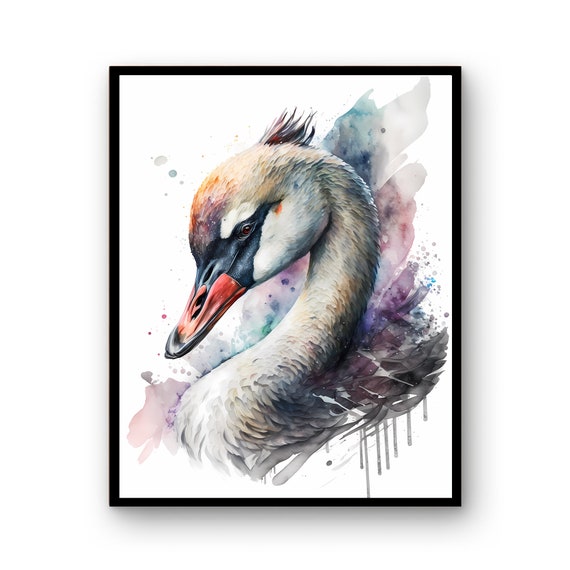 Watercolor Swan Art Print Instant Poster Wildlife Gift Animals Wall Decor Nursery Animal Painting Colorful