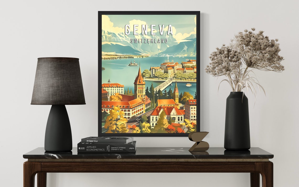 Geneva Switzerland Lake View with Old Town and Alpine Peaks Poster - Image 2