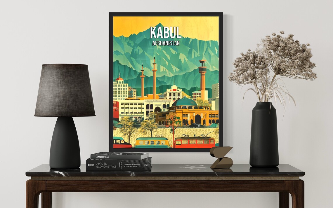 Kabul Afghanistan Retro City Skyline Vintage Style Travel Poster - Image 2