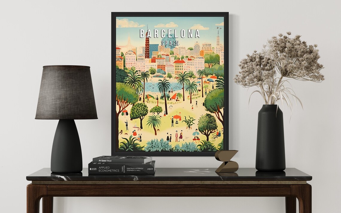 Barcelona Spain Sunny Palm Park Scene Retro Travel Art Poster - Image 3