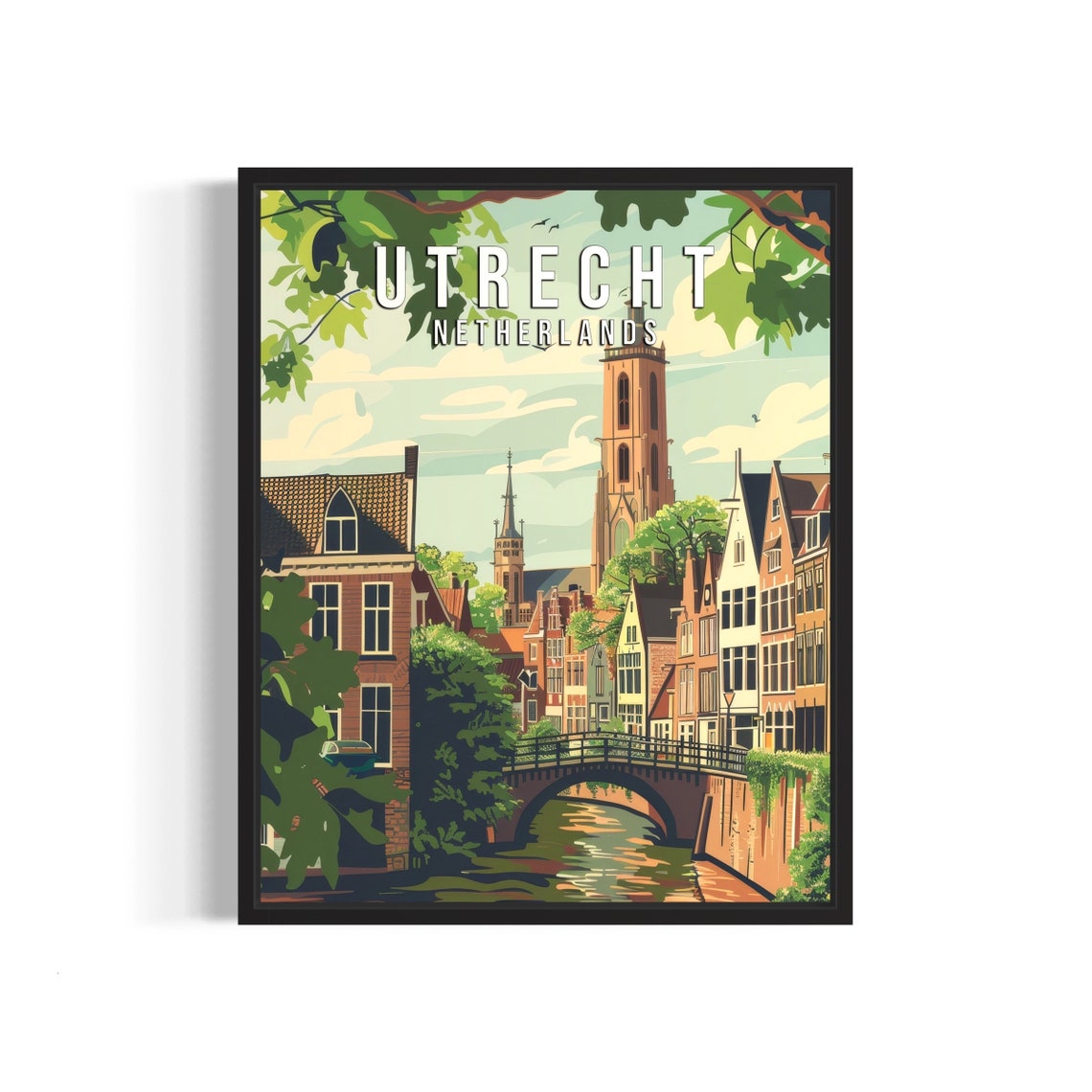Utrecht Netherlands Travel Poster with Canal Bridge and Dom Tower View