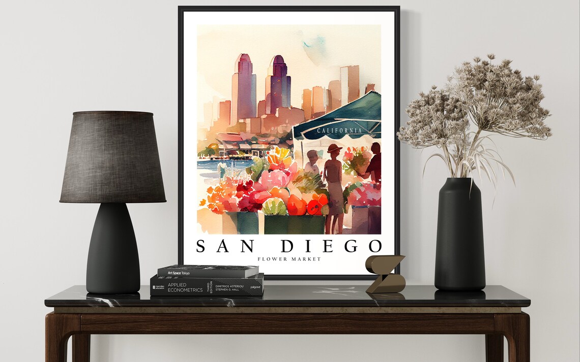 San Diego California Flower Market Watercolor Skyline Poster - Image 2