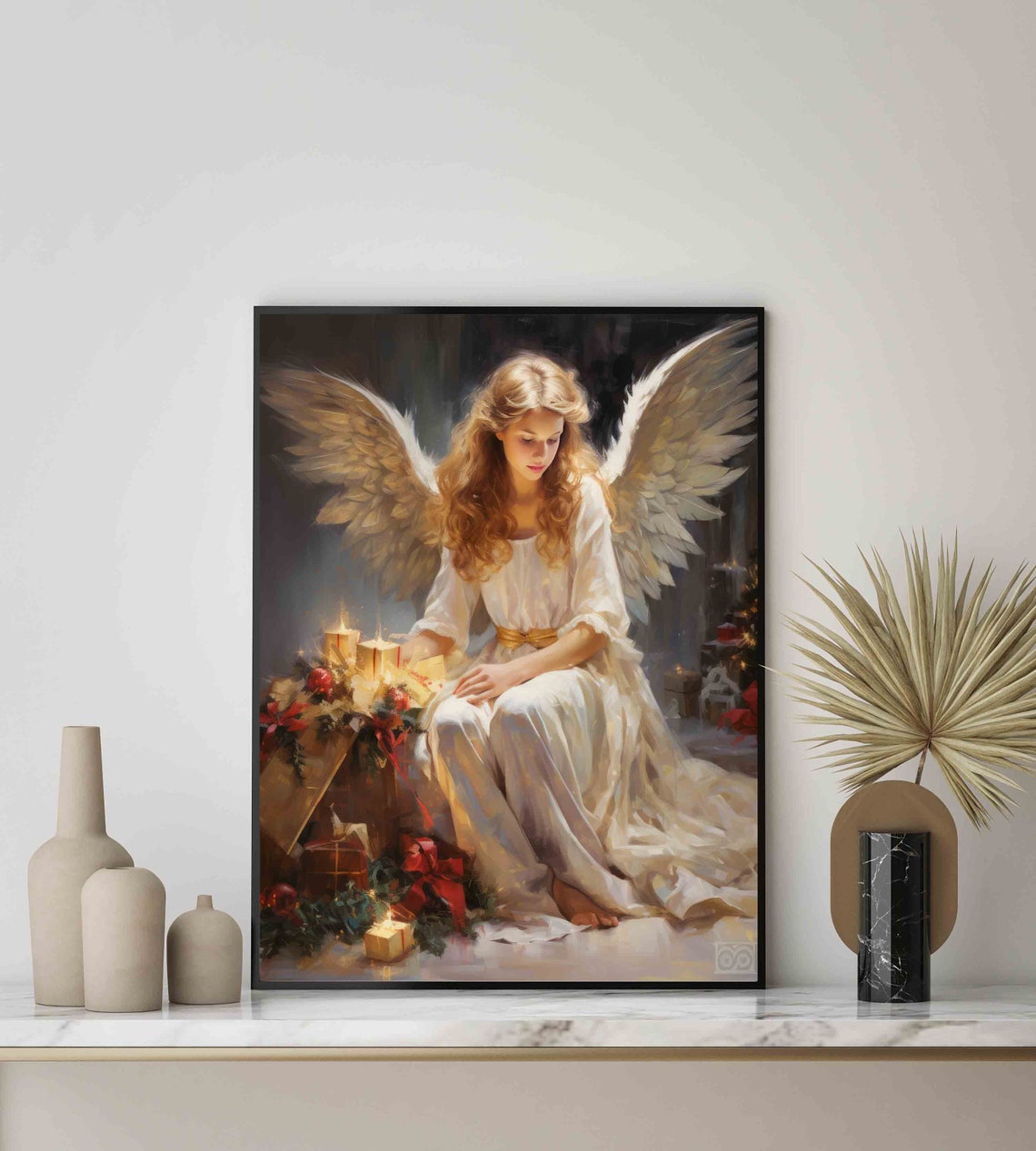 Serene Christmas Angel with Candles and Gifts Holiday Painting Poster - Image 2