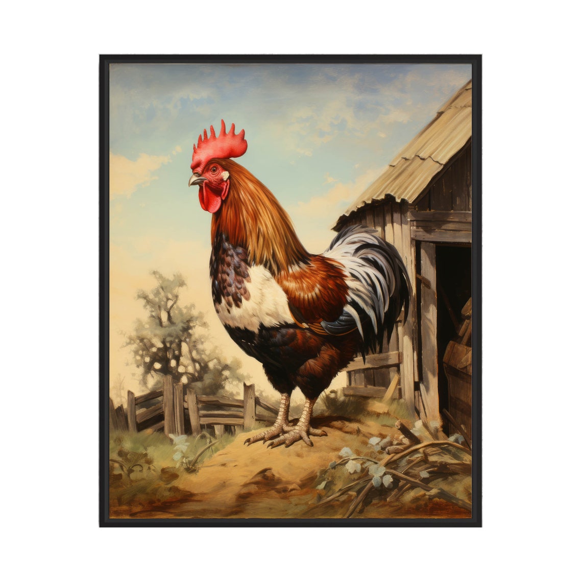 Buff Orpington Rooster Standing Beside A Rustic Wooden Barn Poster