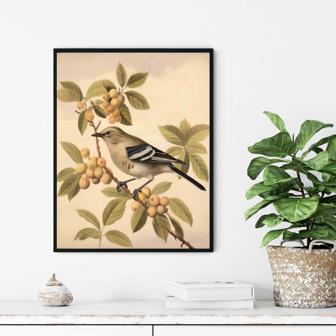 Vintage Mockingbird Botanical Poster with Berries in Retro Style - Image 3