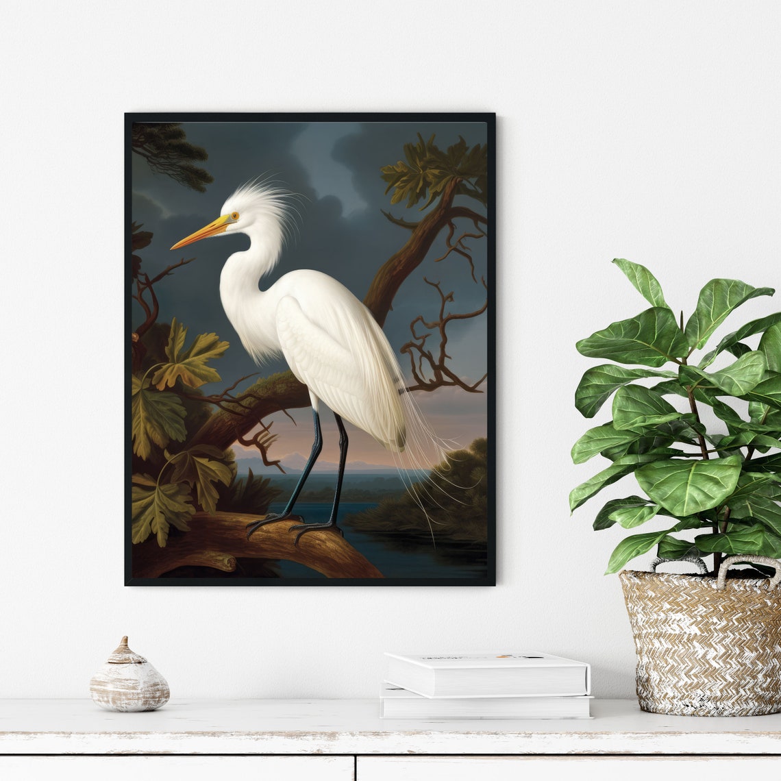 Great Egret White Heron Branch Poster Vintage Bird Painting Nature Art - Image 3